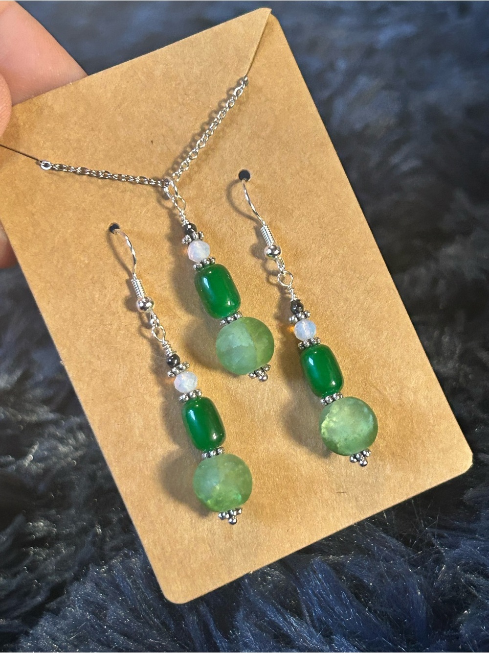 Handcrafted green crackle glass cat eye barrel opalite necklace and earring set